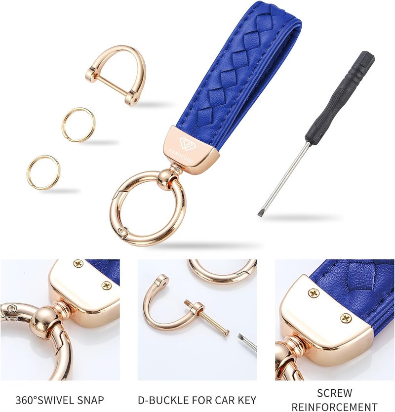 Hamdecro Store Genuine Leather Car Keychain, Handmade Knit Sheepskin Key chains for Women, Universal Key Fob Holder with 360 Degree Rotatable, Anti-Lost D-Ring, 2 Keyrings and 1 Screwdriver – Blue - Image 3
